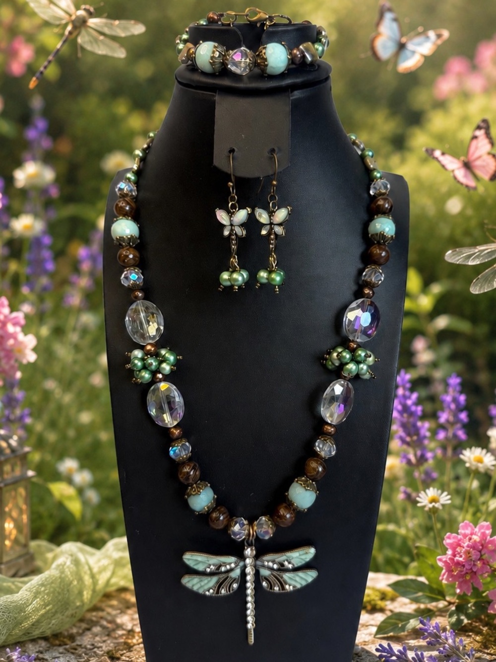 Whimsical Fairycore Dragonfly Necklace, Earrings & Bracelet Handmade Jewelry Set